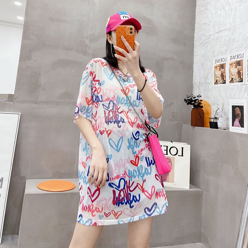 ラウンドネックハートプリントTシャツ シャツ サマースタイル 大きめサイズ 夏物 Oネック ミックスインファッション78514483701