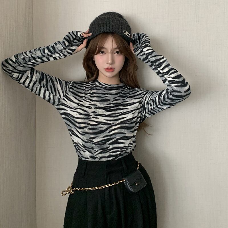 ゼブラ柄ボトミングシャツトップス女性秋デザインセンスニッチワイルドファッションタイト半袖Tシャツインタイド ブラックストロベリース13060260435