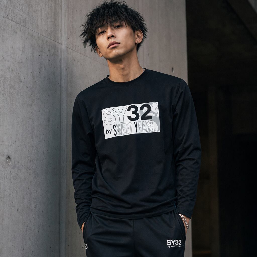 綿100%ボックスロゴデザイン長袖Tシャツ|SY32 by SWEET YEARS エスワイサーティトゥー バイ スウィートイヤーズ SY LOGO MIX LOGO BOX L/S TEE メンズ ブラック 14531