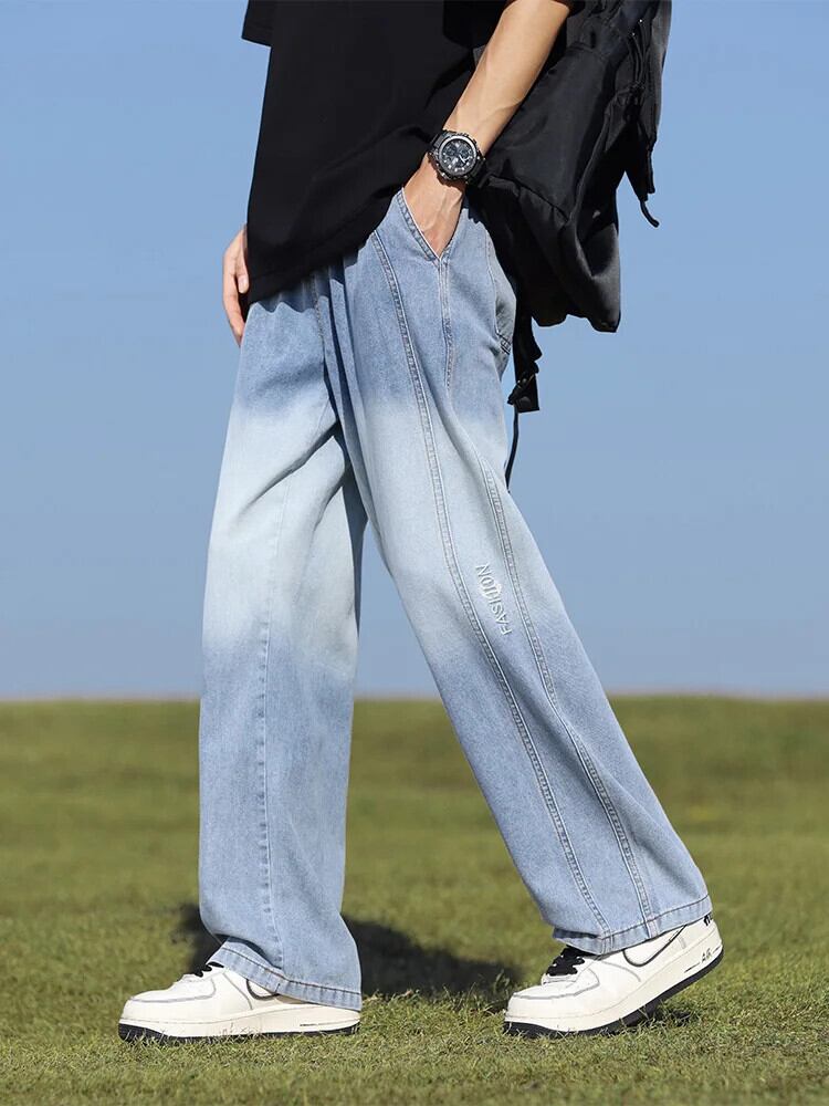夏メンズジーンズワイドレッグだぶだぶデニムパンツグラデーション