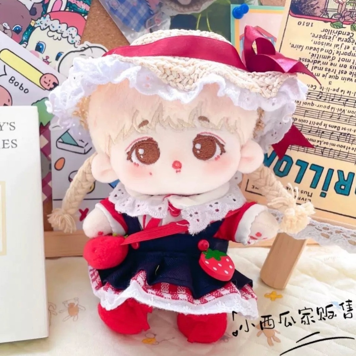 10cmぬい服ピンクのチェック柄ワンピースと帽子セット着ぐるみ服着せ替えz2 
