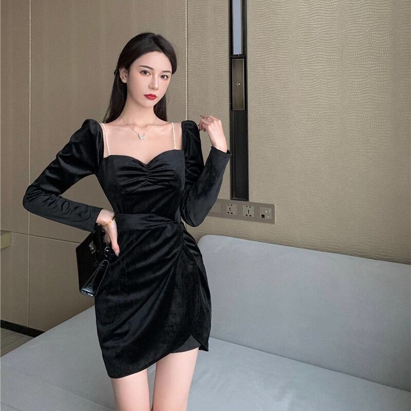 ブラックベルベットドレス スプリングオータムスカート ロング 春物 秋物 ブラックストロベリース13475592882