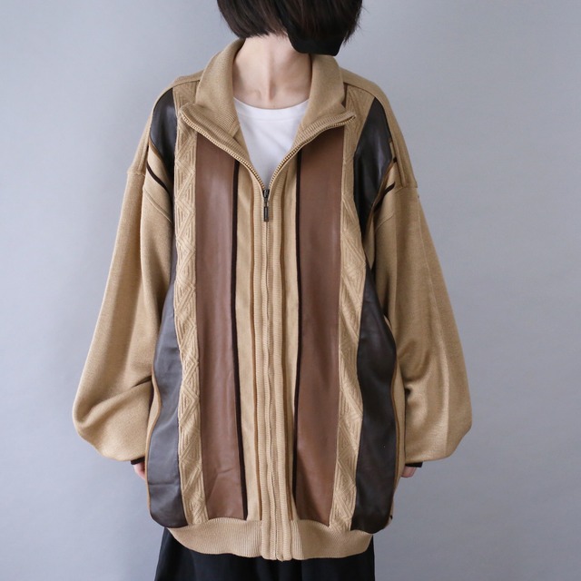 leather switching design XXXL over silhouette zip-up knit jacket