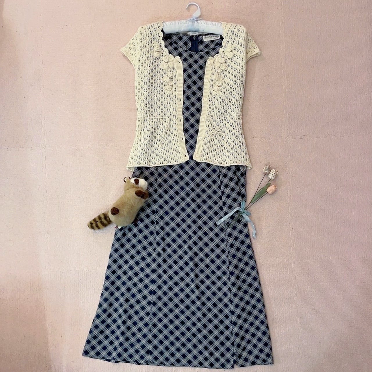 navy plaid sleeve less one-piece