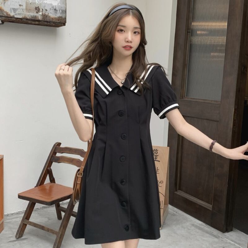 サマースリムブラックスカート スタンダードスタイルカラーネイビーウェストAラインドレス レトロ 夏物 YY-ファッション31052995448