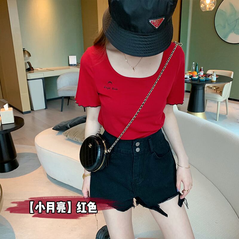 レッドスリム半袖スリーブTシャツ レディースサマートップス ショート コットン ハーフスリーブ 夏物 HUCHUJING67884252101