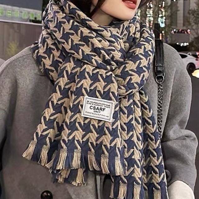 大人可愛い♡ 千鳥柄 フリンジマフラー　G0511