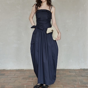 Navy waist side ribbon dress S1338