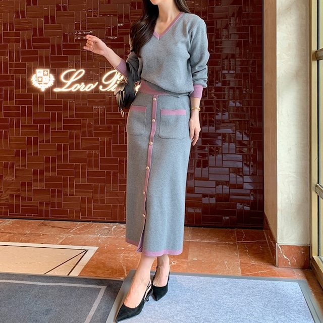 V neck elegant single breast long knit dress set up ( 3color )