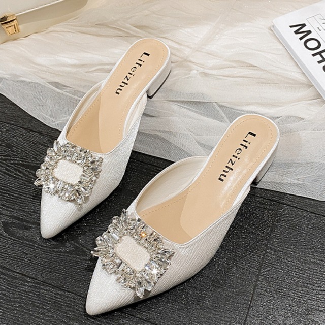 ビジュー バックル スリッポン シューズ-アプリコット