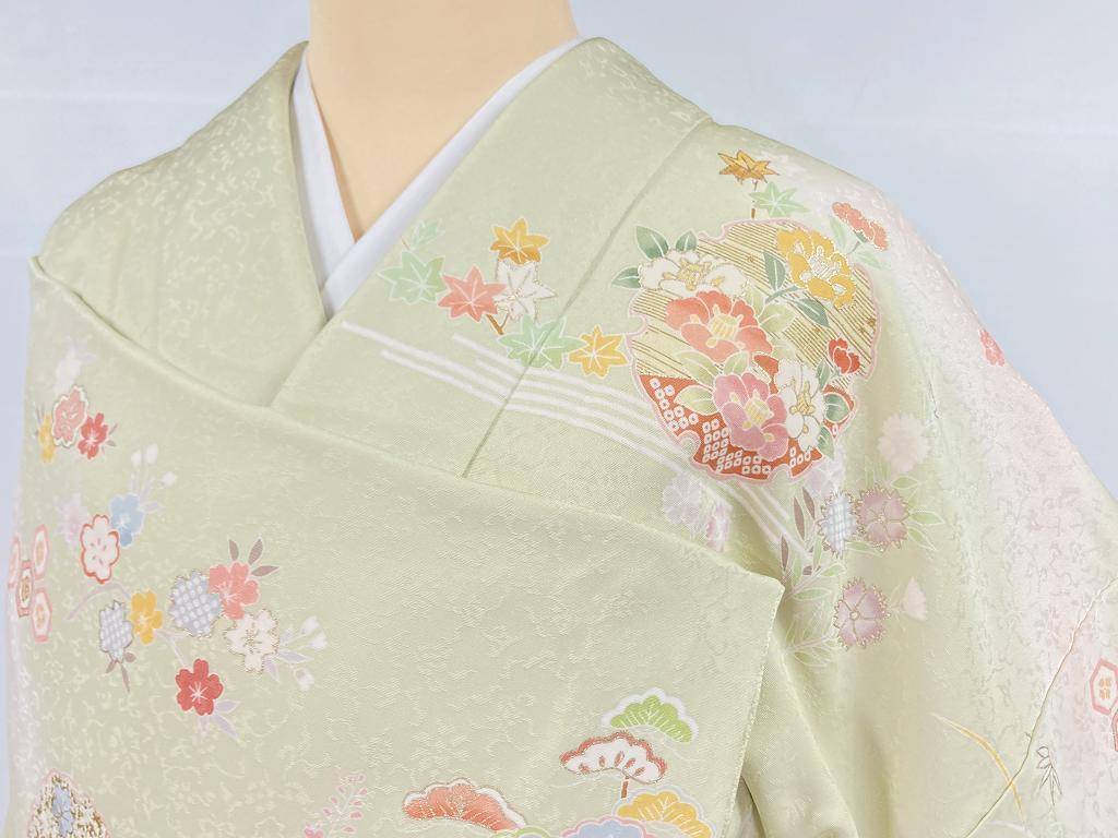 京友禅 金駒刺繍 花柄 訪問着 正絹 黄緑 ピンク 水色 黄色 パステル