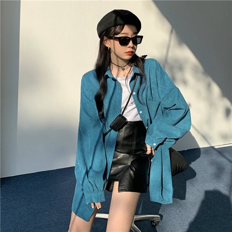 シャツ ルーズブルージャケット スプリングスタンダードブラウス ロング レトロ 春物 ブラックストロベリース37978404274