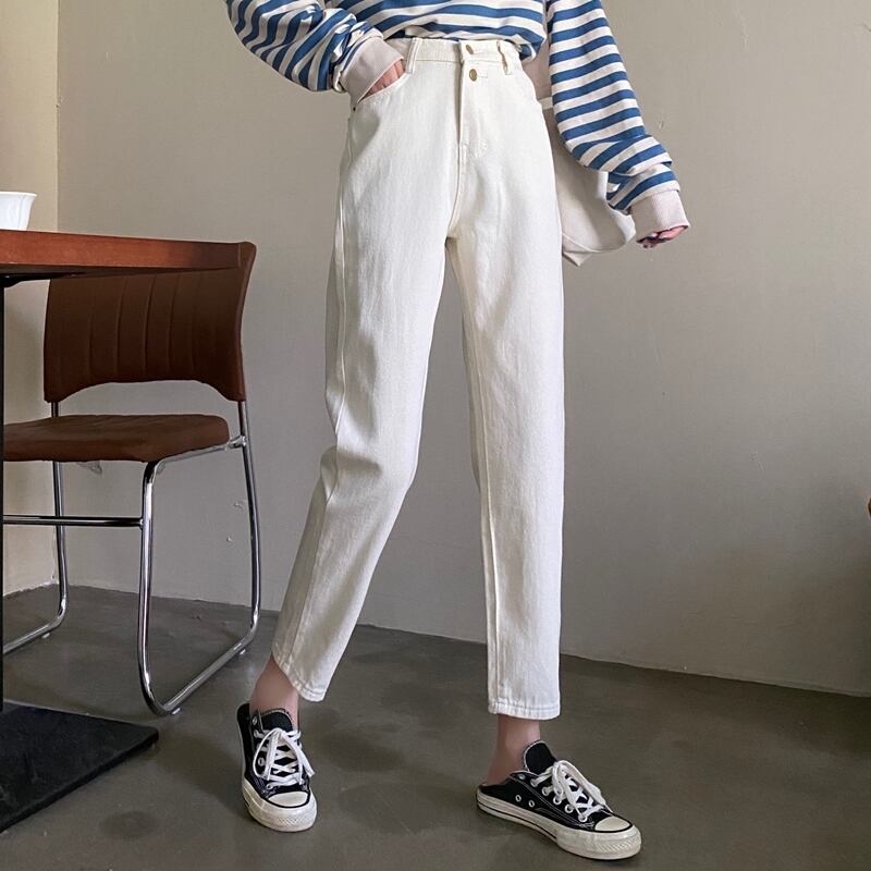 オフホワイトジーンズレディース2020年秋新バージョンルーズワイルドストレートレッグパンツハイウエストスリムナインポイントパンツ クレセントシティ57751415287