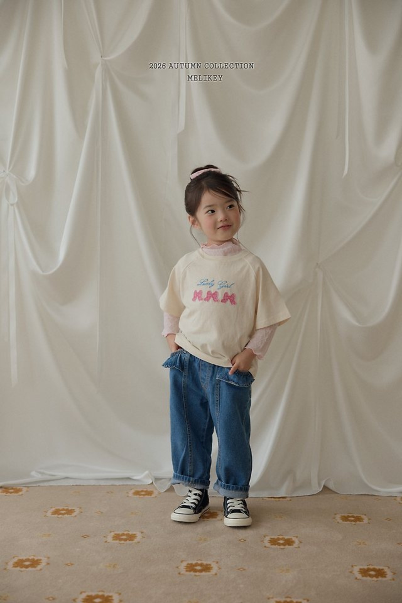 韓国子供服 / 26Autumn / 〖取寄〗Melikey / フリル切替デニムパンツ / 女子服 *XS~JM*