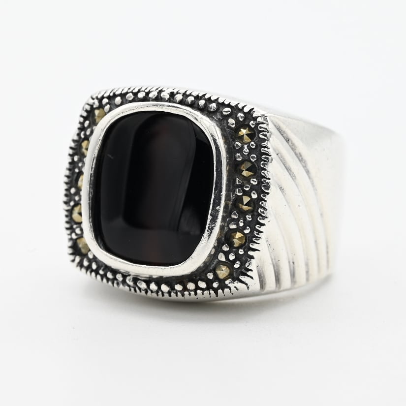 Black Onyx / Marcasite Accent Chunky Signet Ring #11.5 / Denmark