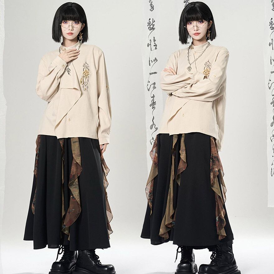 チャイナ風 シャツ ドレスシャツ 刺繍 スタンドカラー 男女兼用 スタイリッシュ 大人増し 卿棠