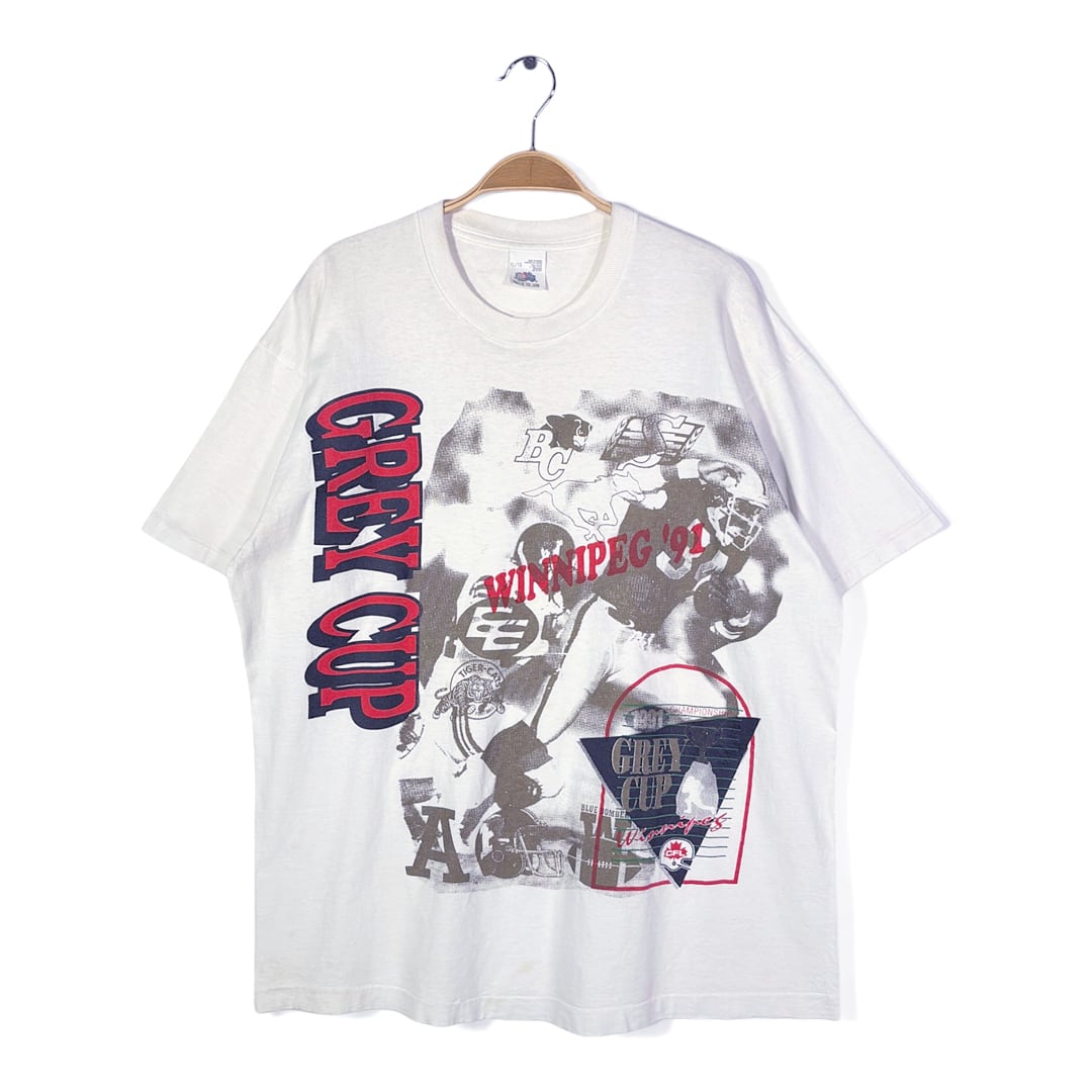 90s カナダ アメフトリーグ グレイカップ カナダ製 ヴィンテージ Tシャツ ビッグプリント シングルステッチ ホワイト WINNIPEG '91 サイズXL 古着 BZ0545