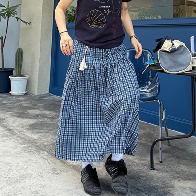 checkered pattern tiered long skirt　チェック柄ティアードロングスカート　J2072