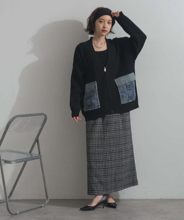 HD2510023 デニムポケットジップニットカーディガン black