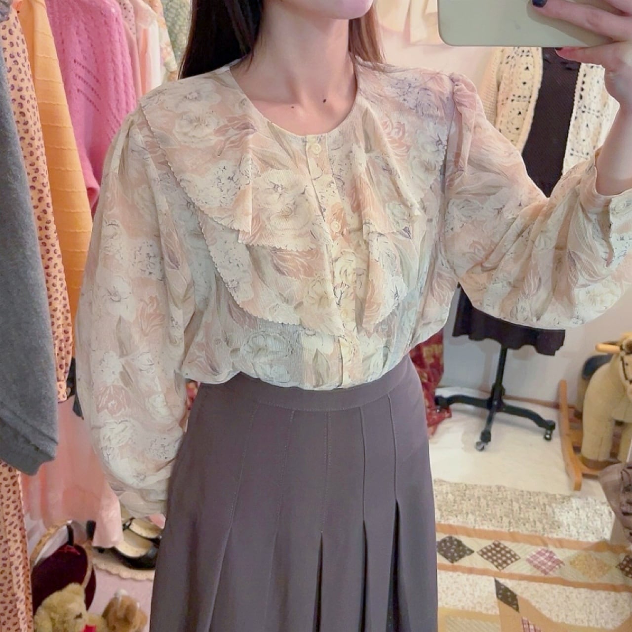 pale pink flower frill blouse