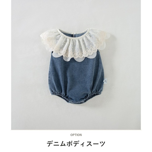 【BABY】レースフリルカラーノースリーブデニムロンパース - 2