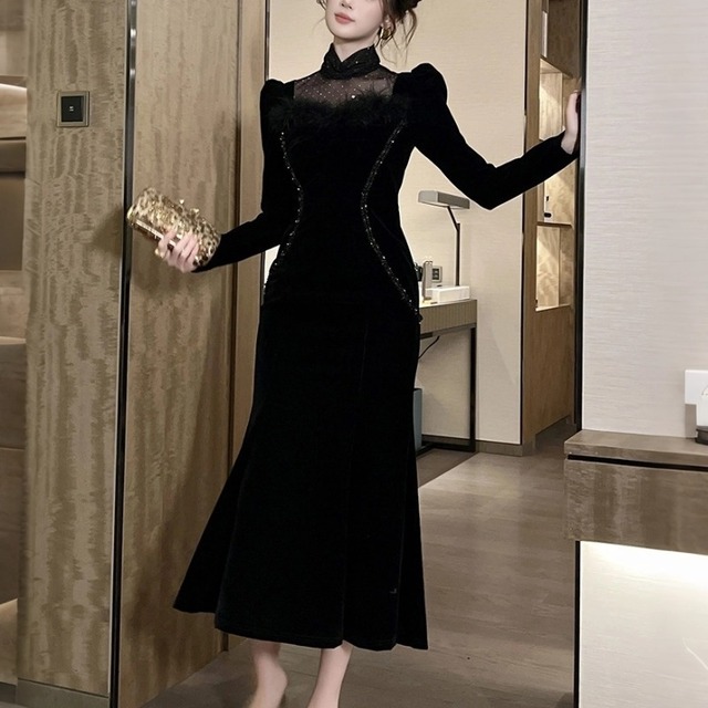 【夕暮薔薇シリーズ】ワンピース ベルベット レトロ メッシュ ブラック S M L