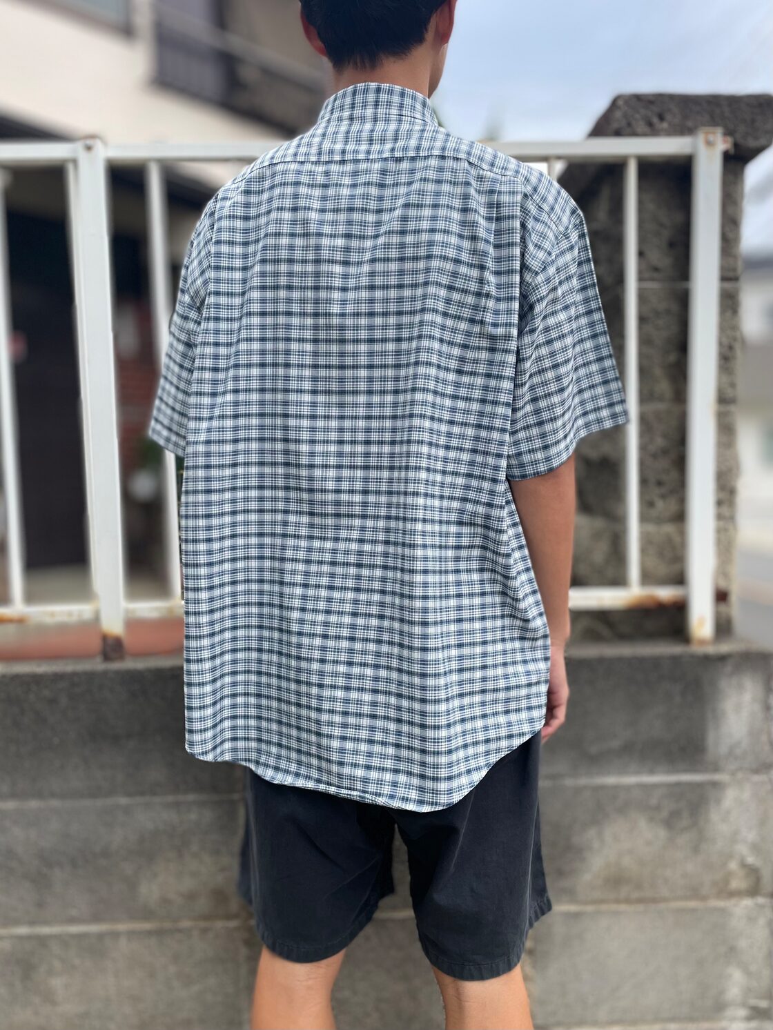 L.L.Bean S/S poly nylon plaid B.D shirt L / エルエルビーン 半袖 