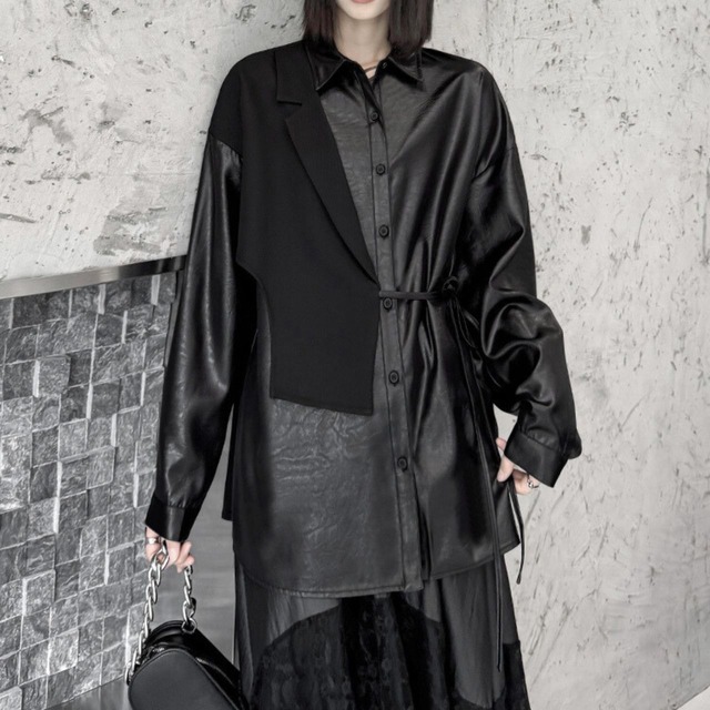 Fake 2piece PU leather shirt C0579