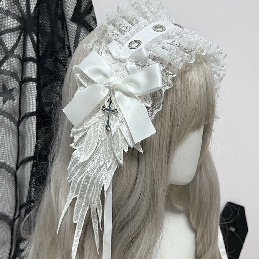 ゴスロリ 天使 レースヘアドレス 十字架チャーム付き リボン髪飾り ブラック/ホワイト ロリィタファッション ゴシックロリータ