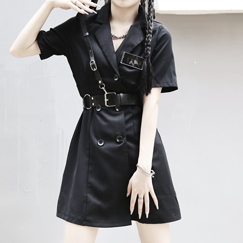 サブカル 服 地雷系 通販 ゴスロリ系 スーツスカート ロングジャケット 黒 半袖 ウエストベルト 闇可愛い ゴシック闇かわいい ゴシック ロリータ