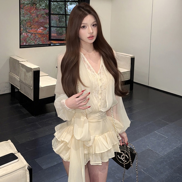 レース リボン スウィート ティアードワンピース デザイン感 ベージュ