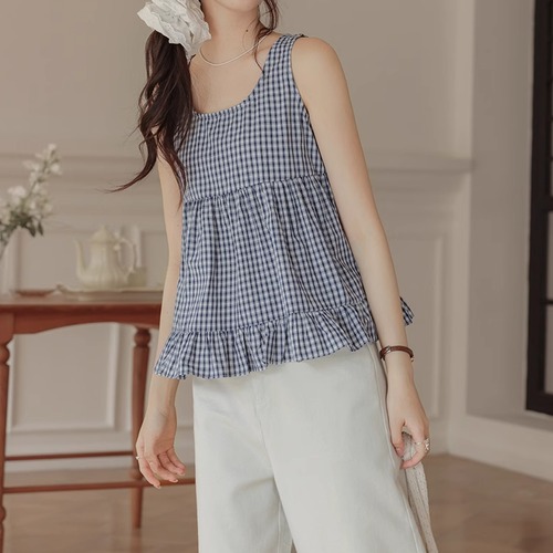 Uネックチェック柄フリルノースリーブ ・7120