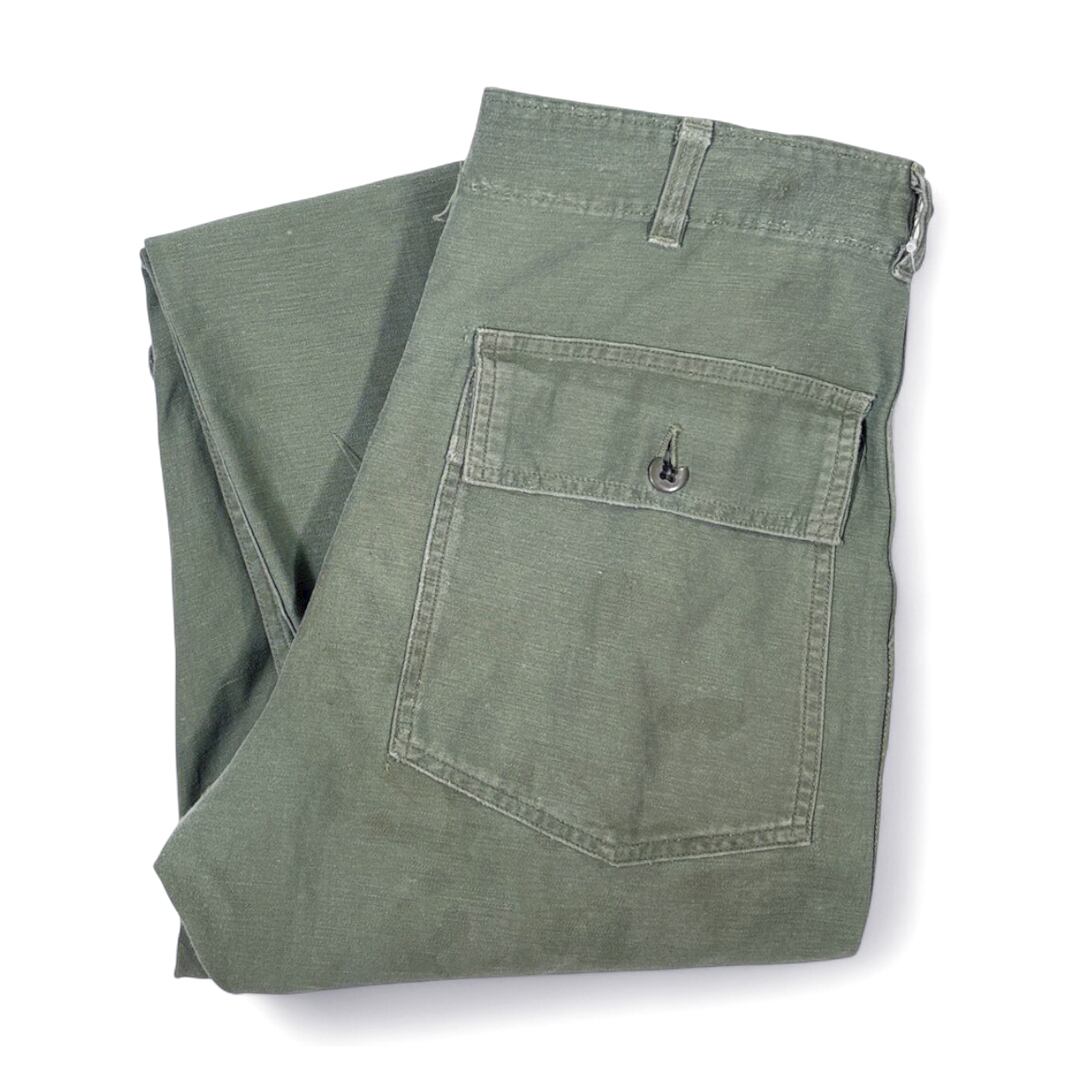 60s U.S.ARMY OG-107 ベイカーパンツ コットンサテン ユーティリティーパンツ 米軍 ミリタリー ヴィンテージ W33相当 アメカジ 古着 EB0017