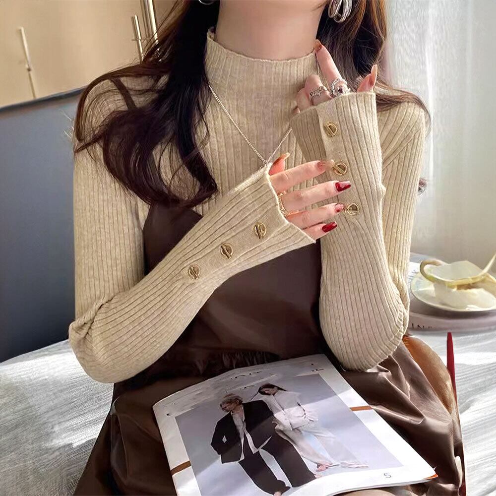 モックネック ニット レディース 長袖 トップス 韓国 きれいめ 大人 かわいい シンプル おしゃれ 重ね着 レイヤード チクチクしない リブニット 大人可愛い 大人女子