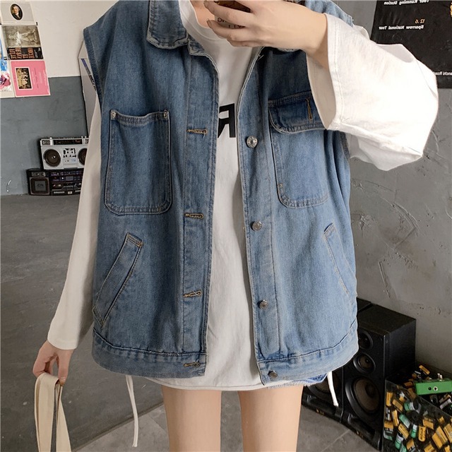 デニムベスト デニムジャケット 韓国ファッション レディース ベスト ノーカラージャケット ジージャン Gジャン / Denim vest jacket loose sleeveless vest (DTC-611766440465)