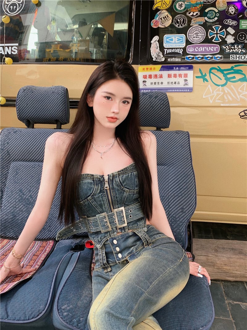 送料無料】レディース セットアップ デニムチューブトップ+ハイ