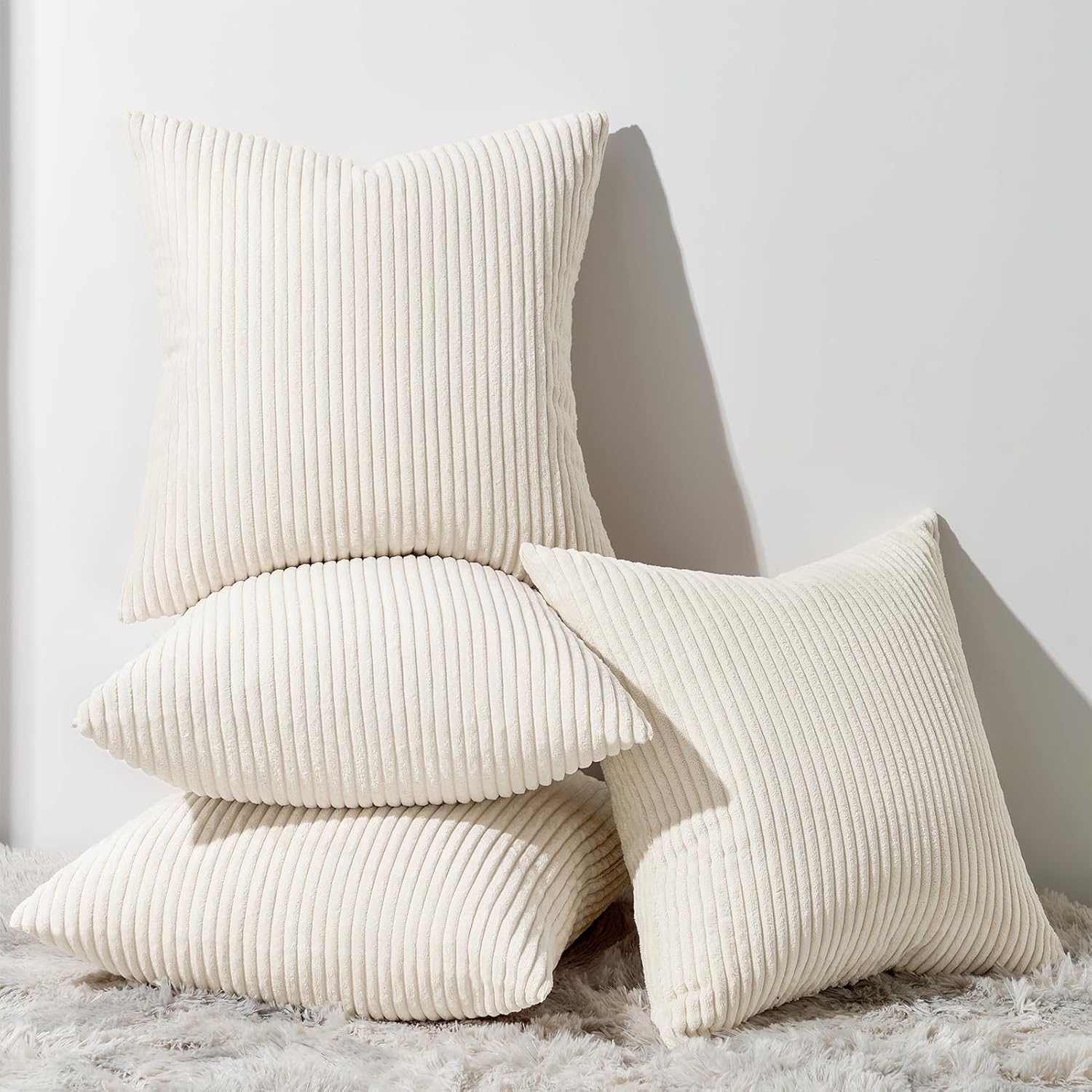 【数量限り】Topfinel クッションカバー 45×45cm 4枚セット コーデュロイ 無地 おしゃれ 北欧 洗える ふわふわ 隠れるファスナー ストライプ ソファー用背当て 装飾枕カバー クレーム