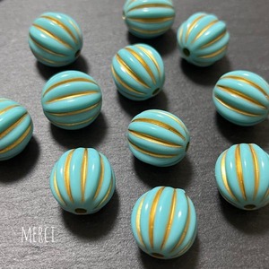 【4個】アクリルターコイズ風ゴールドラインカボチャスペーサー/ビーズ/パーツ/丸