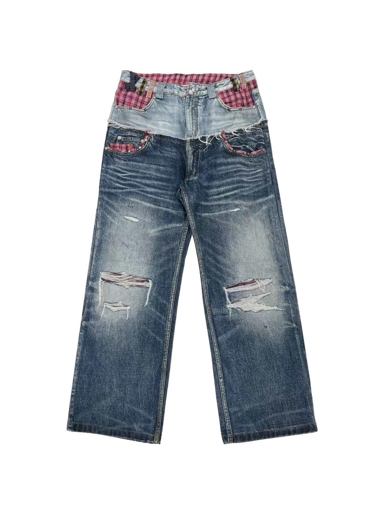 【TecNineGroup】PLAID DOUBLE-WAIST JEANS