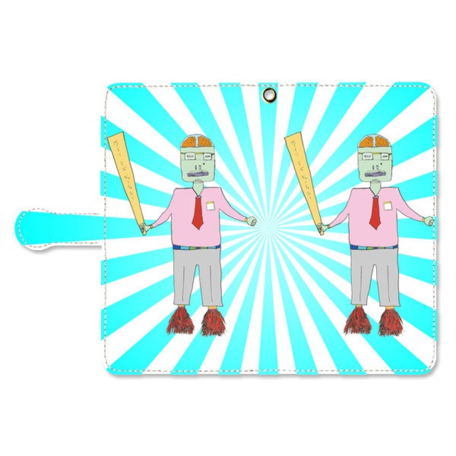 リストラリーマン参上 ライトブルー スマホケース手帳型 アイフォン アンドロイド全機種対応 かわいい イラスト ポップ モギーの武器屋