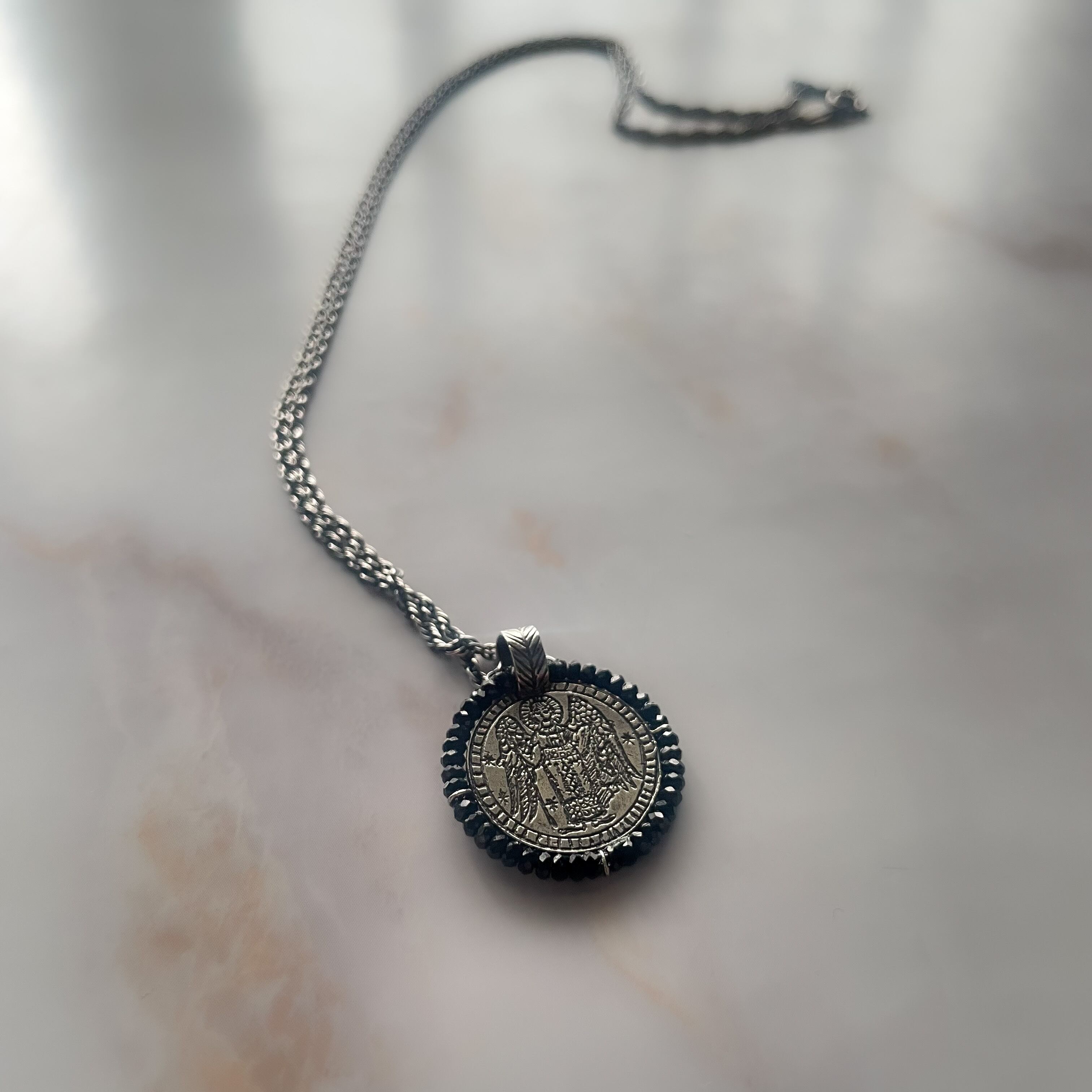 SV925 Etched Pendant -Archangel Michael(with Black Spinel) / シルバー製 エッチングペンダント・大天使ミカエル(ブラックスピネル付き)