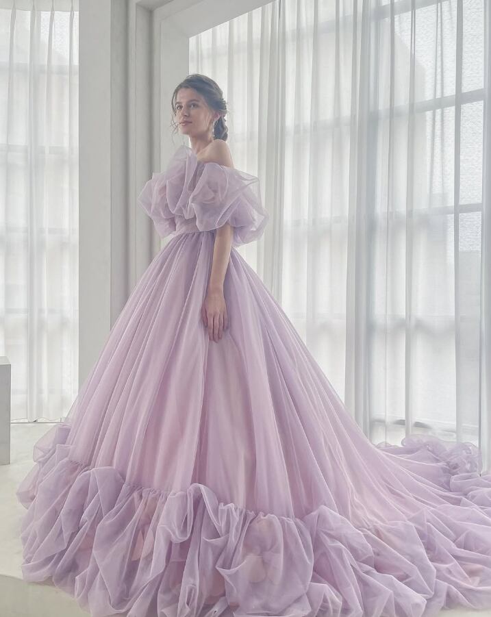 カラードレス パープル 選ん オフショルダー くるみボタン Aライン  