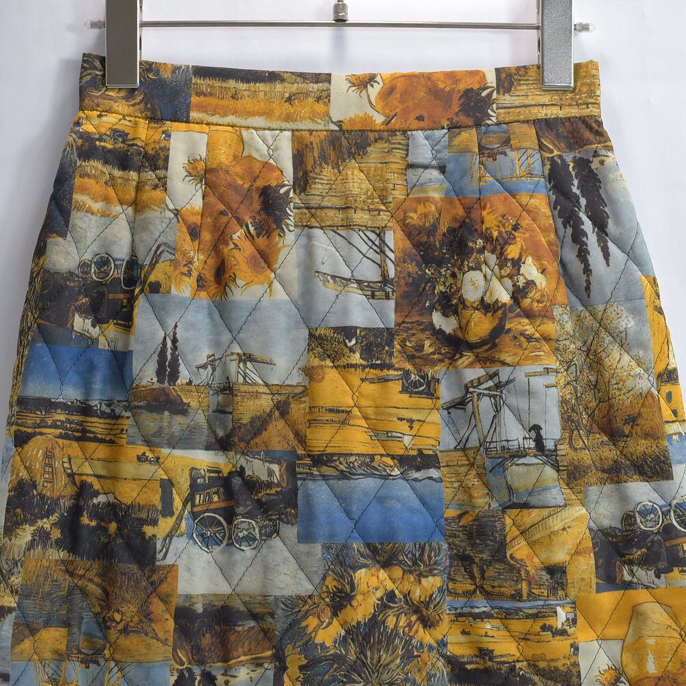 80~90s plum-d'or プリュム・ドール フィンセント・ファン・ゴッホ アート柄 デザイン キルティングスカート ひまわり 絵画 総柄 ヴィンテージ ビンテージ 古着 レディースW63~67cm