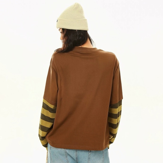 レトロアニマルプリントボーダースリーブドッキングTシャツ 2col   R02584