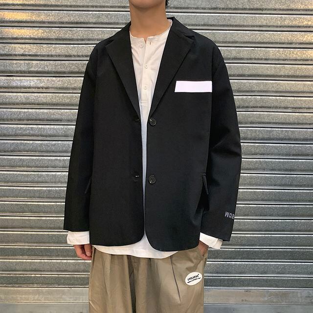 【予約販売】テーラードジャケット 無地 アウター ジャケット メンズ 袖ロゴ グレー ブラック カジュアル こなれ感 お洒落 韓国トレンド 春 秋 大きいサイズ S/M/L/XL/2XL