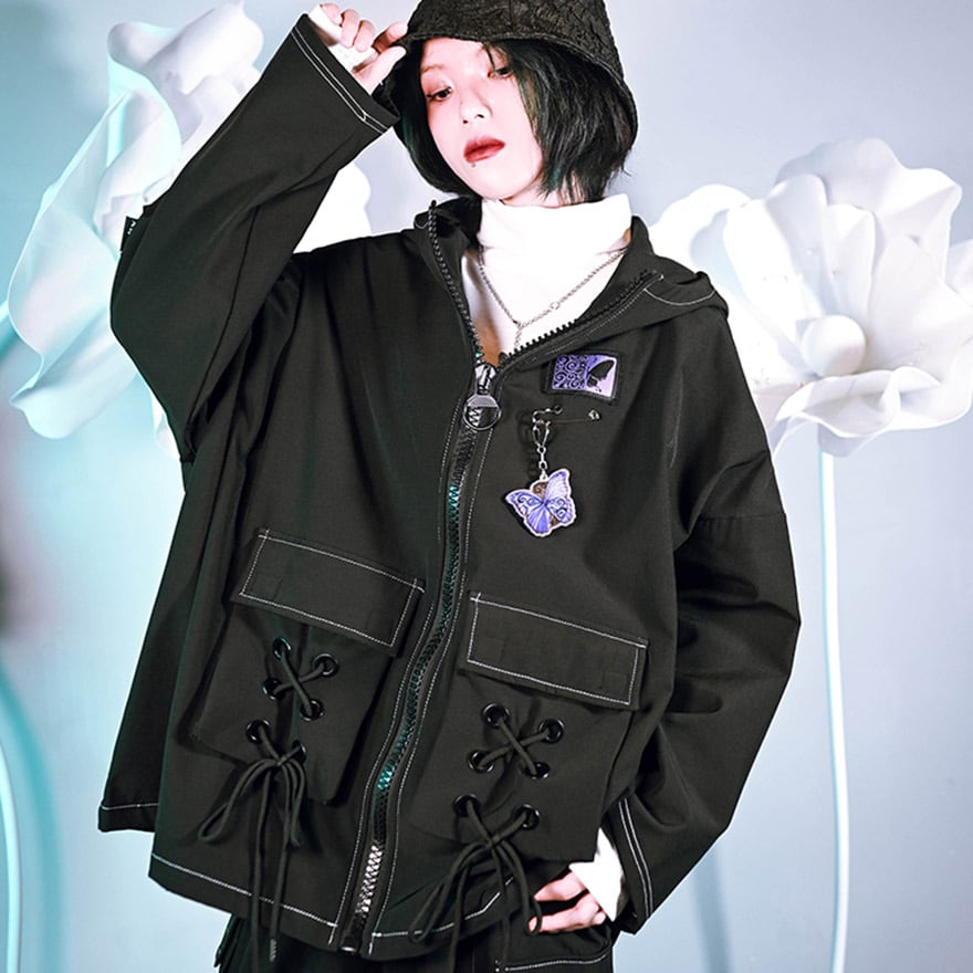 ゴスロリファッション 地雷系 通販 ジャケット ZIPアップ レースアップ 中華風 ゴシック 秋コーデ 古怪舎