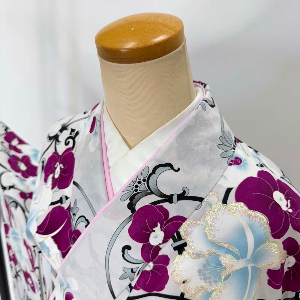 二尺袖 単品 卒業式着物 白 Adam&Eve 裄68.5cm Lサイズ 袴用着物 化繊 中古 4548