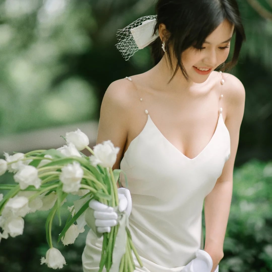 フランス風 パール キャミソール ウエディングドレス スレンダーライン  