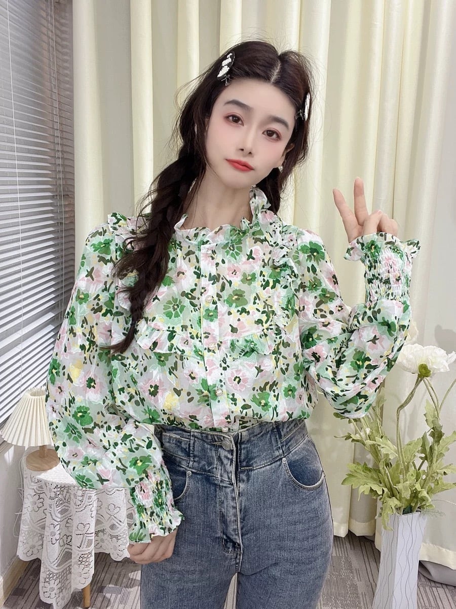 ブラウス 花柄 緑 水色 オレンジ ピンク 赤 和柄 ブラウス