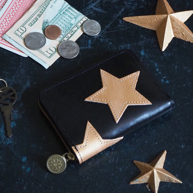 Round zipper compact wallet (star patchwork) cowhide mini